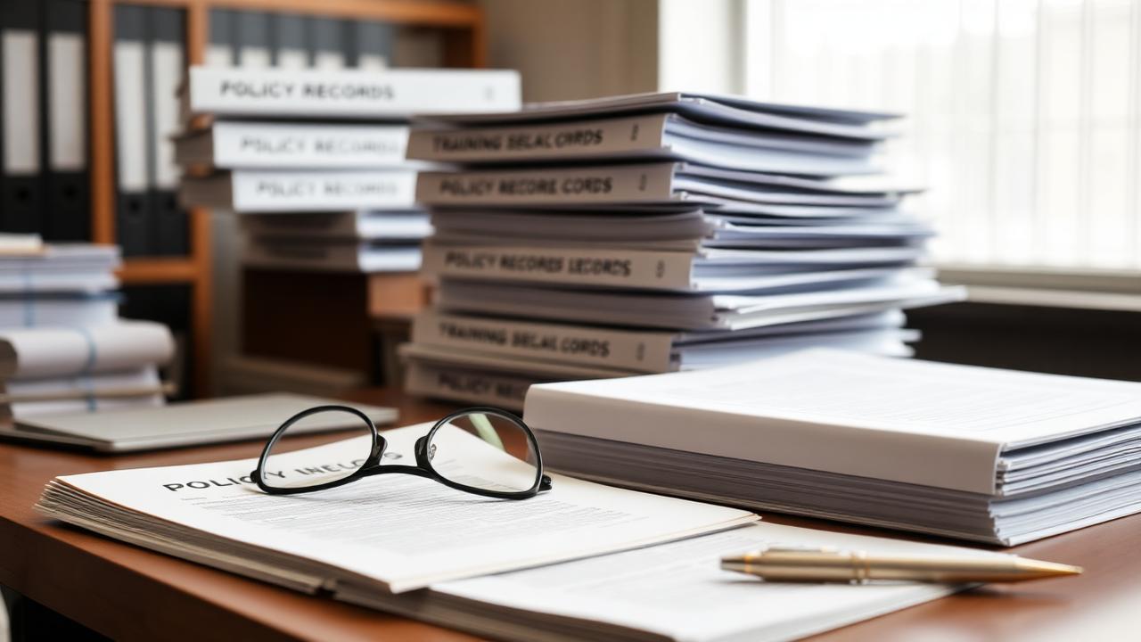 Training records and policy manuals on a desk