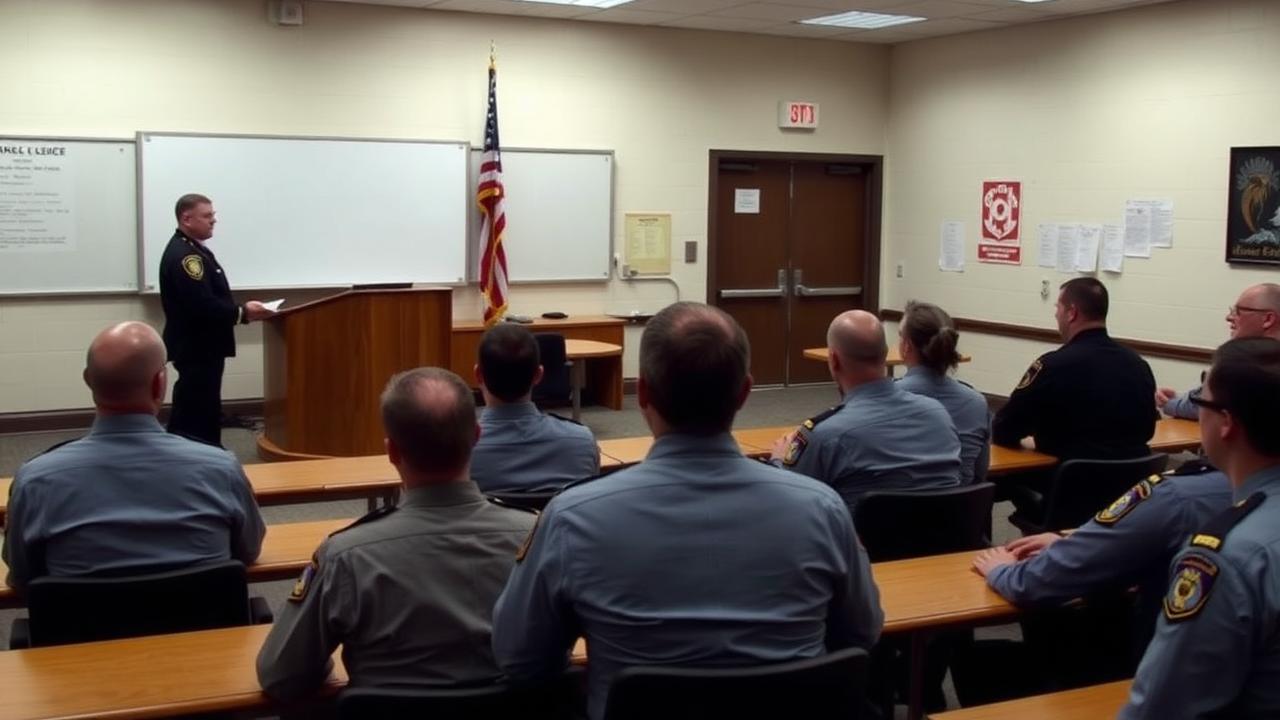 Instructor addressing law enforcement students in a classroom