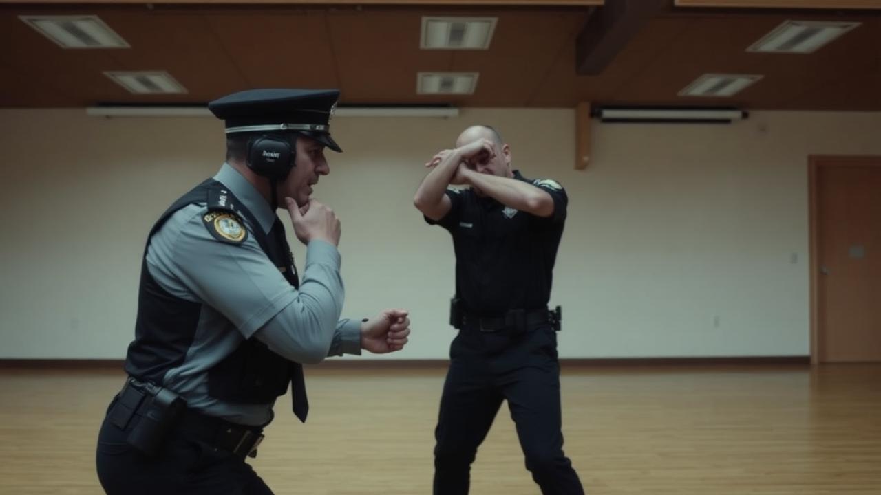 Two officers running a defensive tactics drill in a training hall